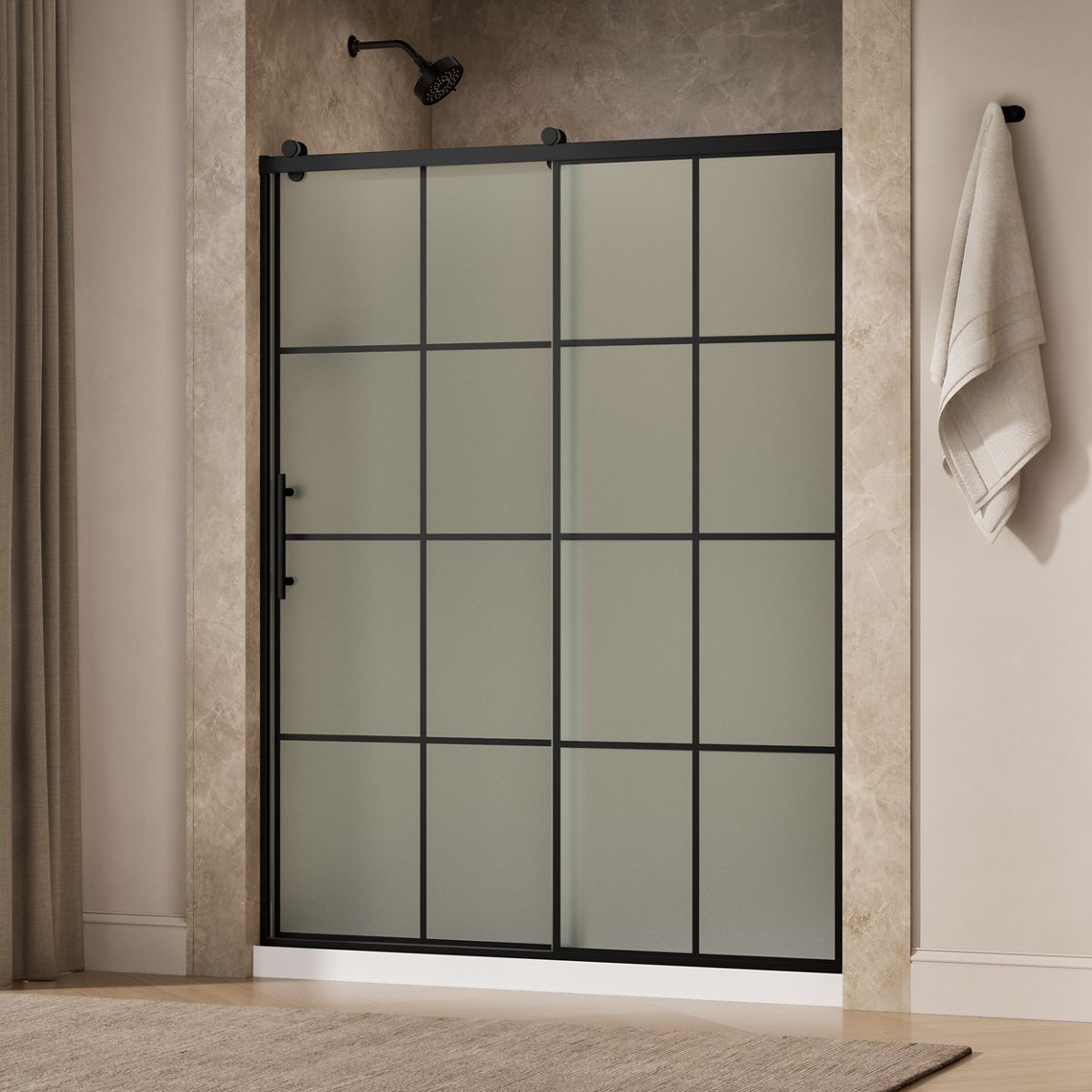 Rely® 56-5/8"-59-5/8" W x 76.99" H sliding shower door with 3/8"-thick Frosted glass