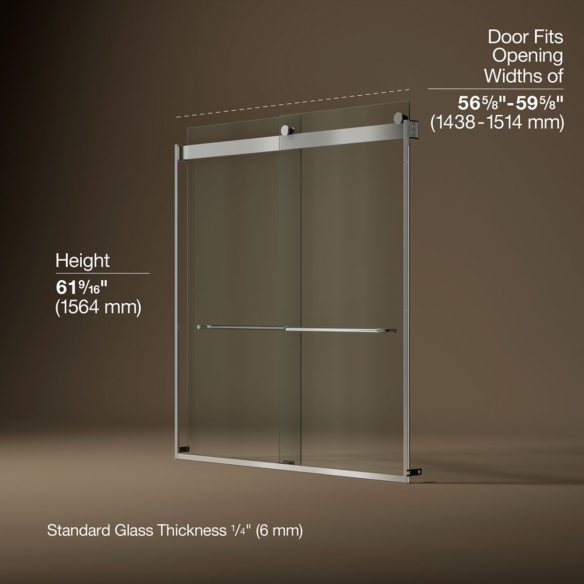Levity® 56-5/8"-59-5/8" W x 62" H bypass bath door with 1/4"-thick Crystal Clear glass