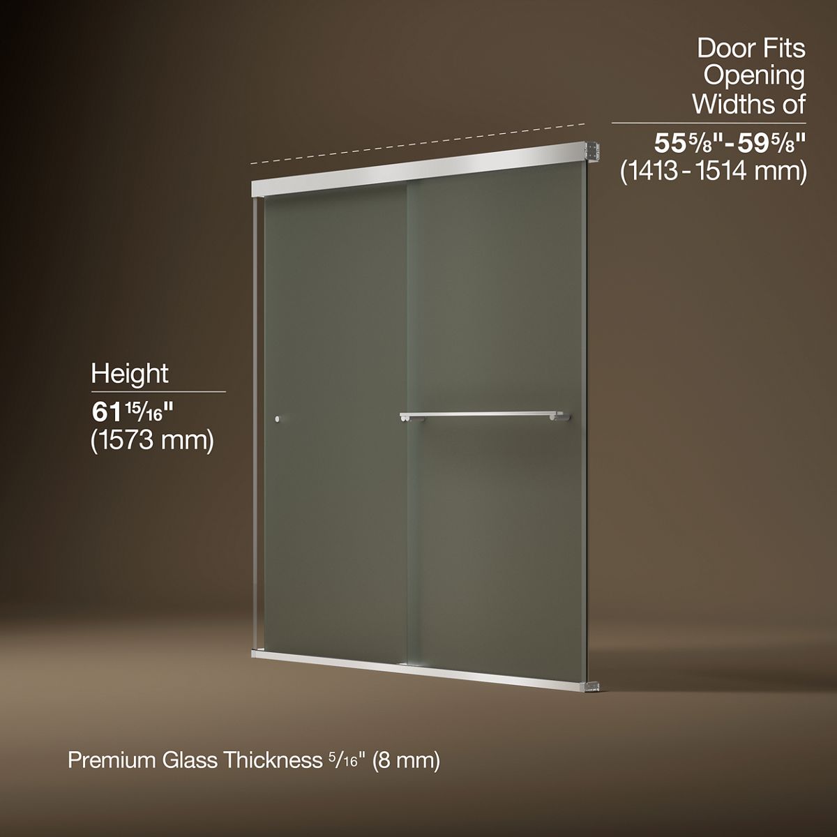 Revel® 55-5/8"-59-5/8" W x 62" H bypass bath door with 5/16"-thick Frosted glass