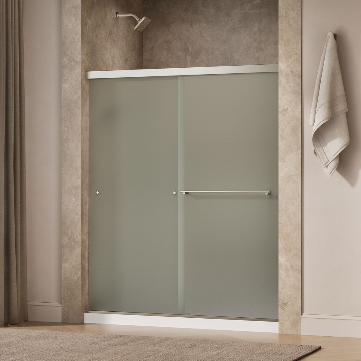 Revel® 55-5/8"-59-5/8" W x 70" H bypass shower door with 1/4"-thick Frosted glass