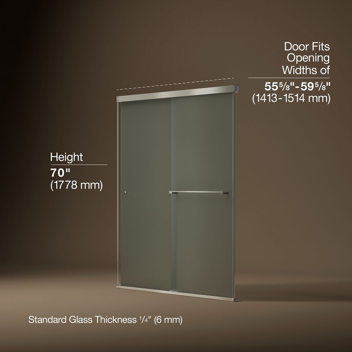 Revel® 55-5/8"-59-5/8" W x 70" H bypass shower door with 1/4"-thick Frosted glass