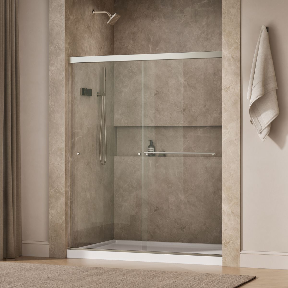 Revel® 55-5/8"-59-5/8" W x 70" H bypass shower door with 1/4"-thick Crystal Clear glass