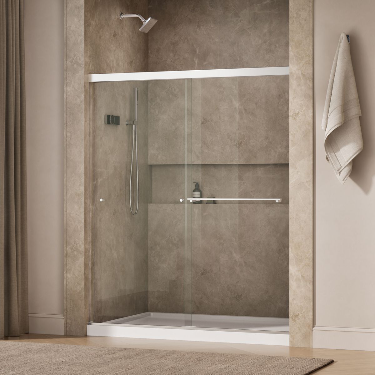Revel® 55-5/8"-59-5/8" W x 70" H bypass shower door with 1/4"-thick Crystal Clear glass
