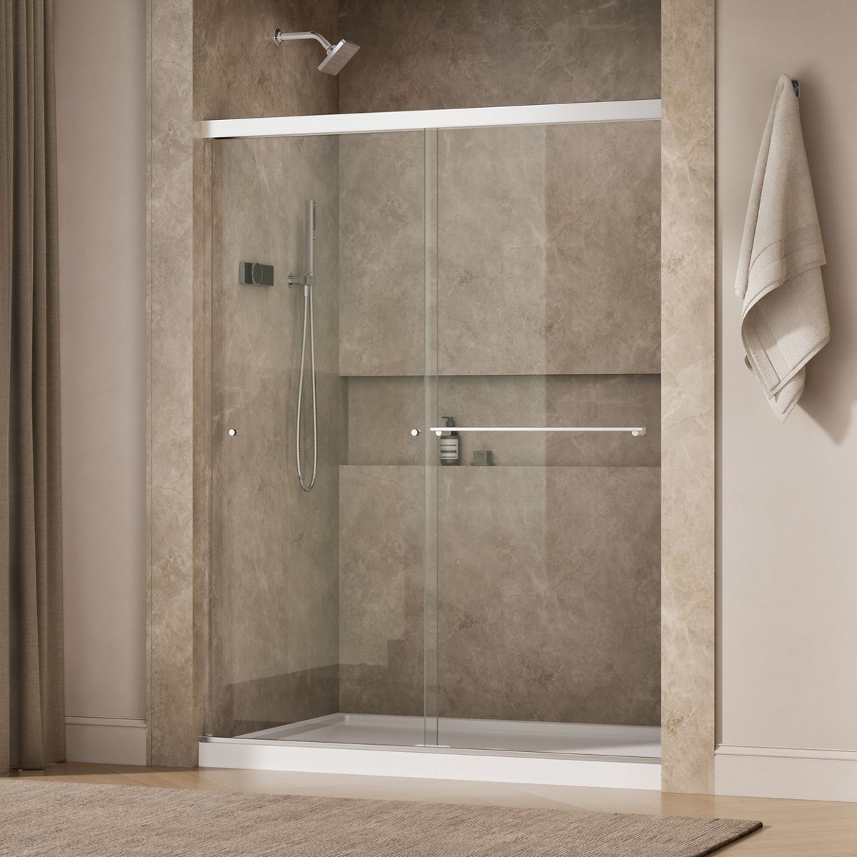 Revel® 55-5/8"-59-5/8" W x 76" H bypass shower door with 5/16"-thick Crystal Clear glass