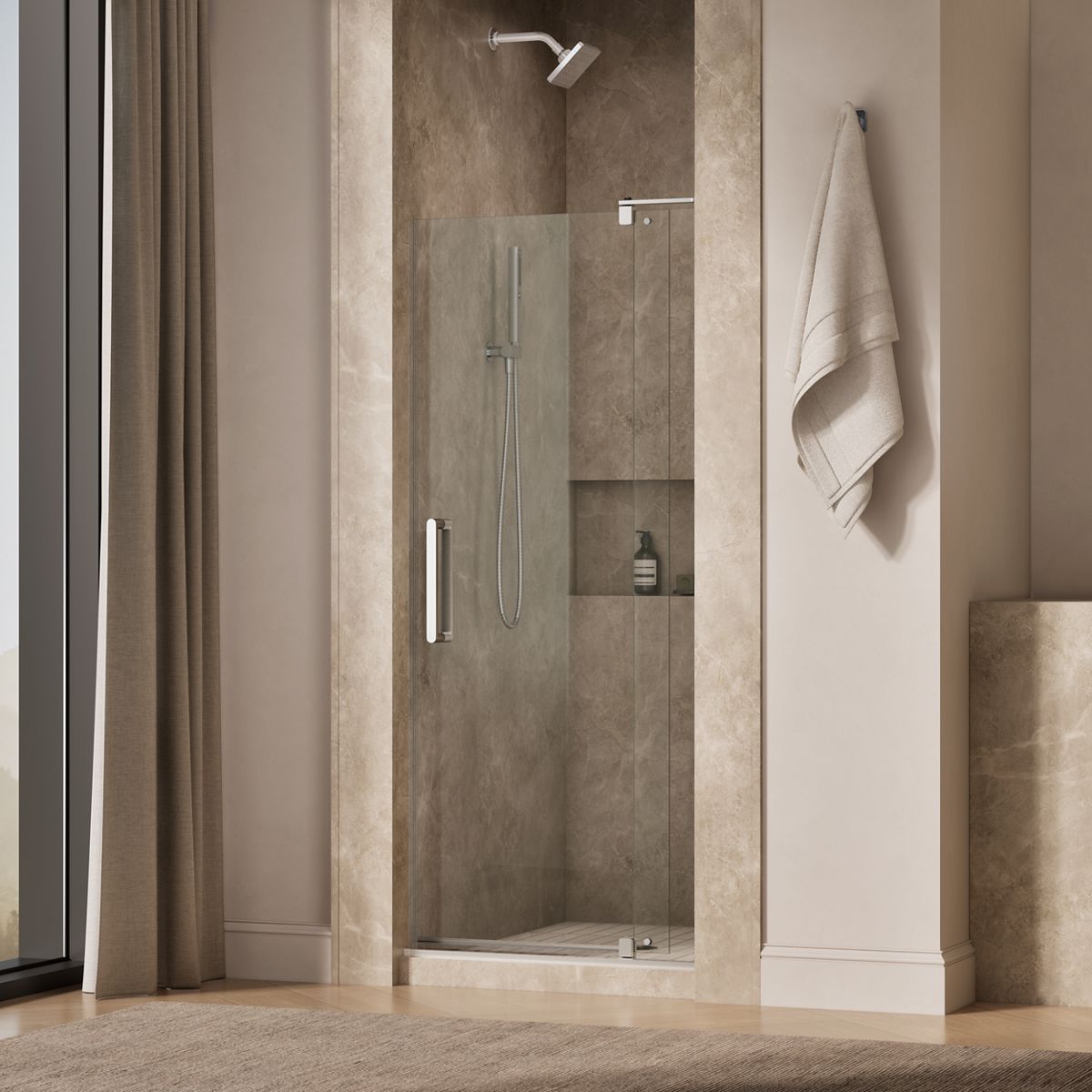 Revel® 31-1/8"-36" W x 70" H pivot shower door with 1/4"-thick Crystal Clear glass