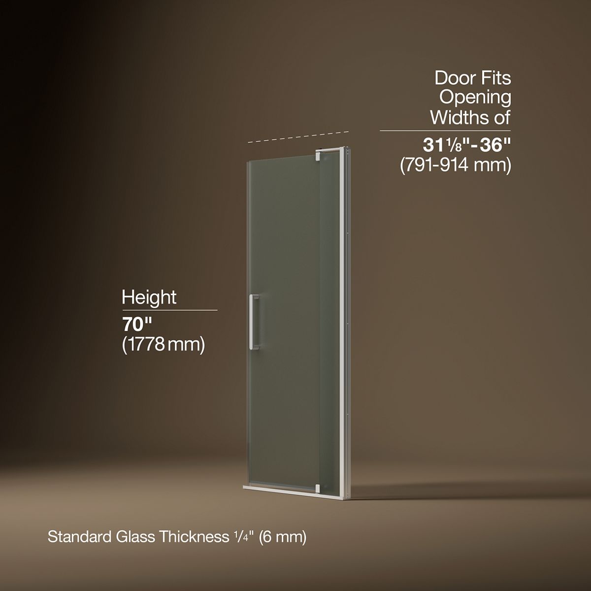 Revel® 31-1/8"-36" W x 70" H pivot shower door with 1/4"-thick Frosted glass
