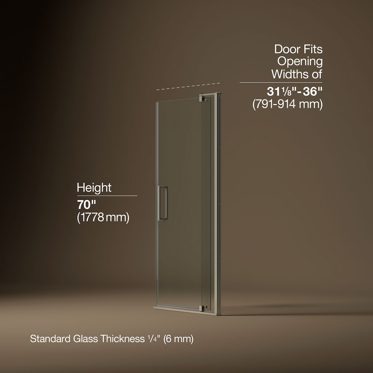Revel® 31-1/8"-36" W x 70" H pivot shower door with 1/4"-thick Crystal Clear glass