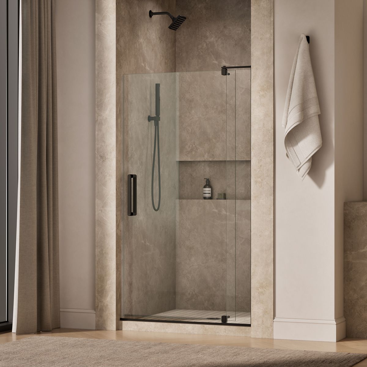 Revel® 39-1/8"-44" W x 70" H pivot shower door with 5/16"-thick Crystal Clear glass