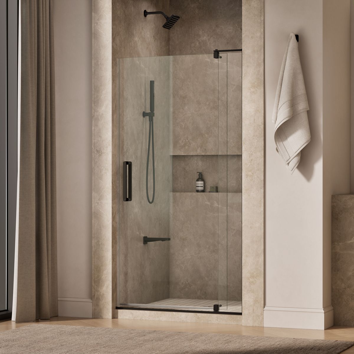 Revel® 39-1/8"-44" W x 74" H pivot shower door with 5/16"-thick Crystal Clear glass
