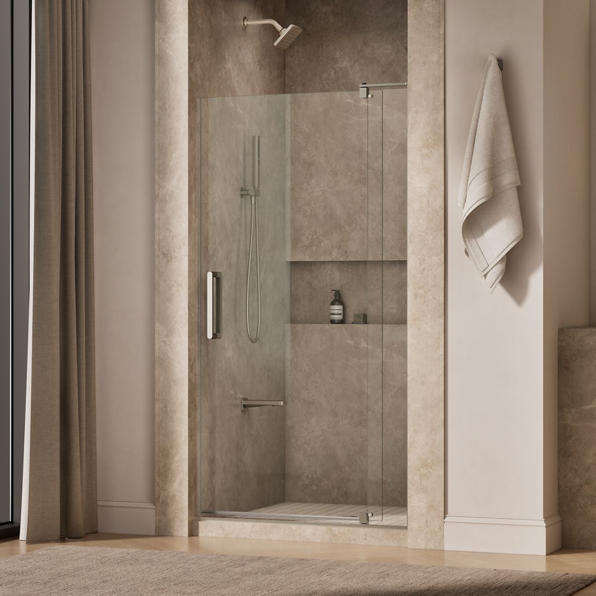 Revel® 35-1/8"-40" W x 74" H pivot shower door with 5/16"-thick Crystal Clear glass