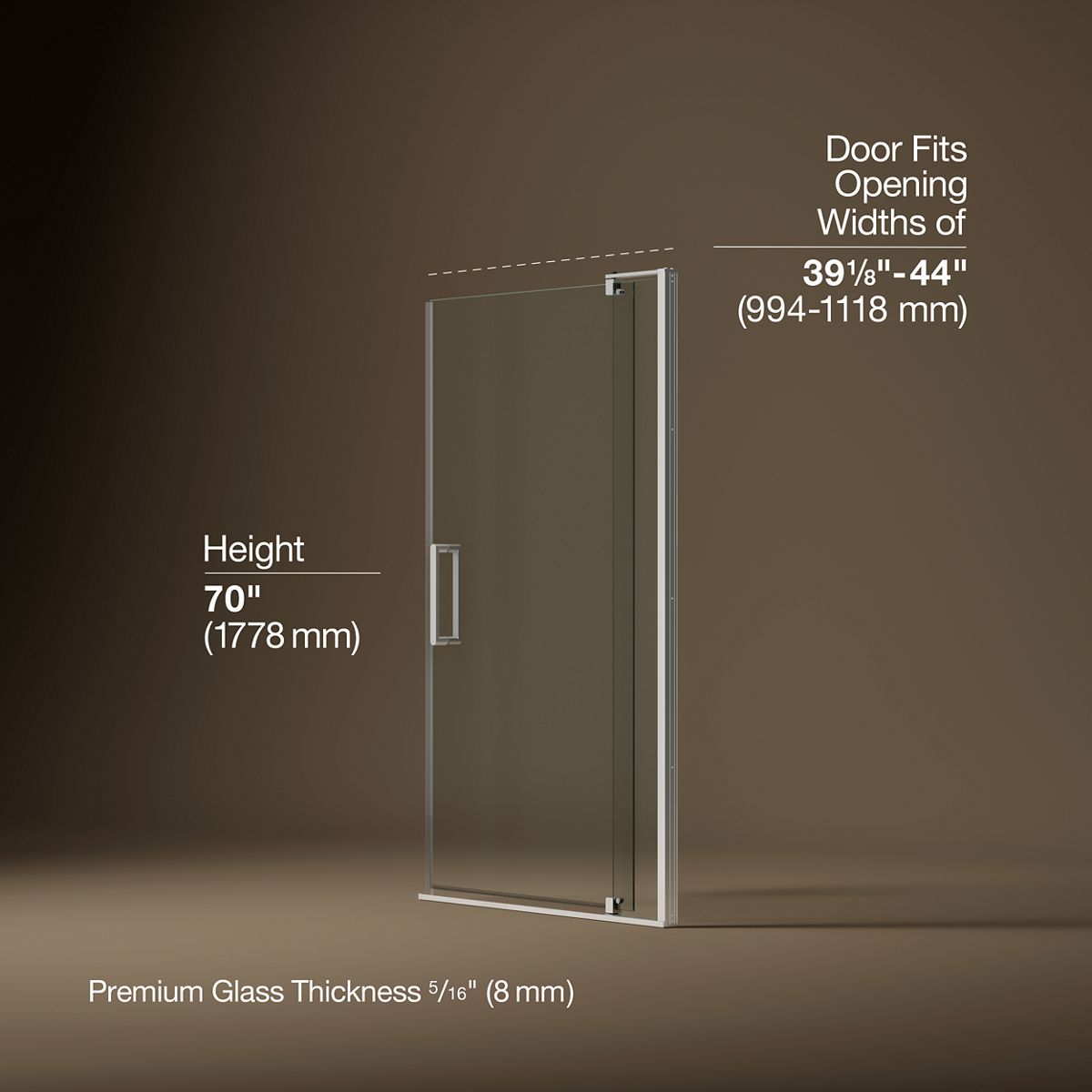 Revel® 39-1/8"-44" W x 70" H pivot shower door with 5/16"-thick Crystal Clear glass