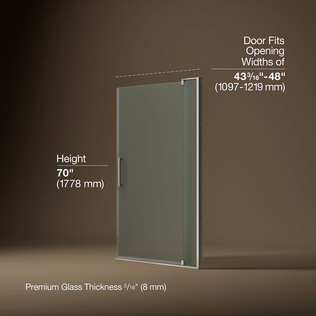 Revel® 43-1/8"-48" W x 70" H pivot shower door with 5/16"-thick Frosted glass