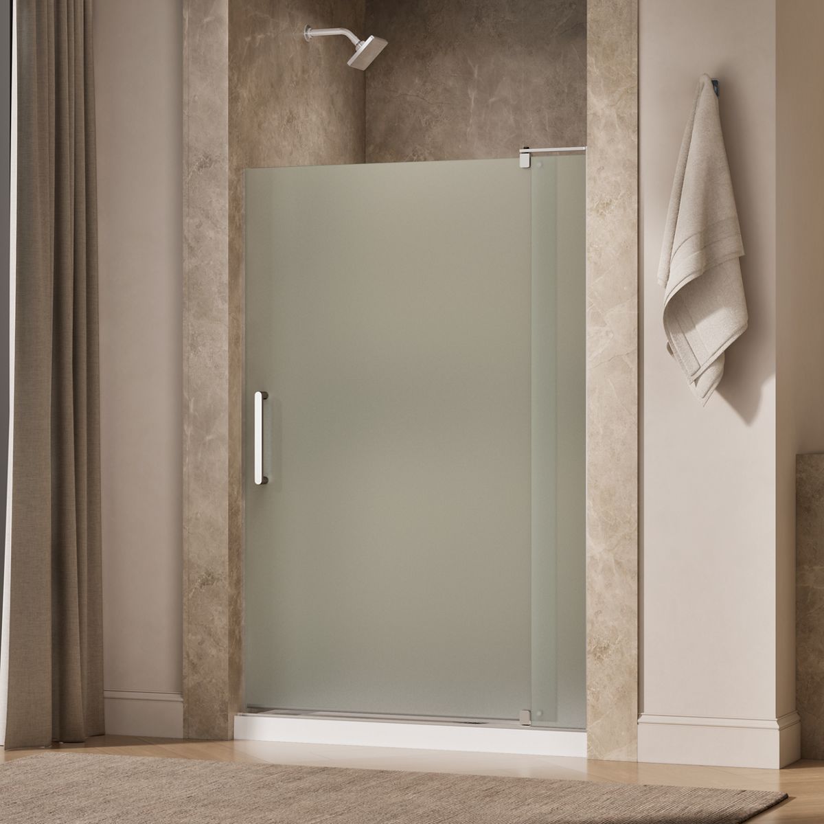 Revel® 43-1/8"-48" W x 70" H pivot shower door with 5/16"-thick Frosted glass