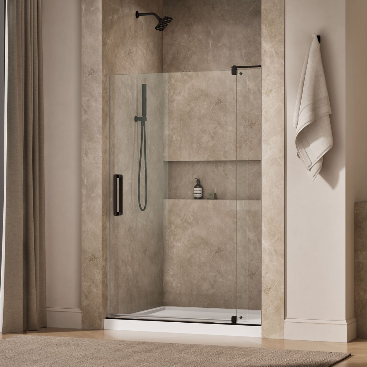 Revel® 43-1/8"-48" W x 70" H pivot shower door with 5/16"-thick Crystal Clear glass