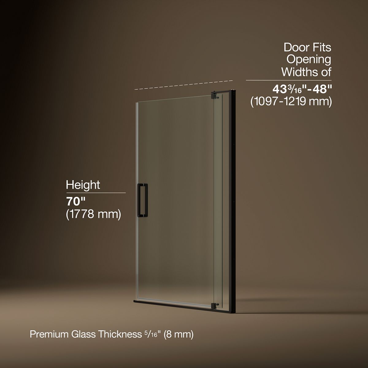 Revel® 43-1/8"-48" W x 70" H pivot shower door with 5/16"-thick Crystal Clear glass