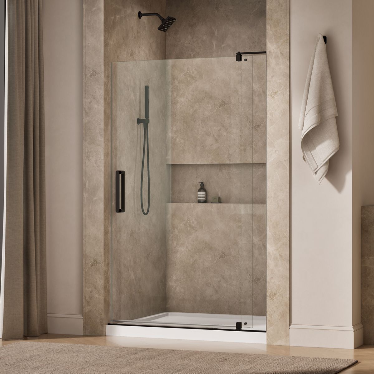 Revel® 43-1/8"-48" W x 74" H pivot shower door with 5/16"-thick Crystal Clear glass