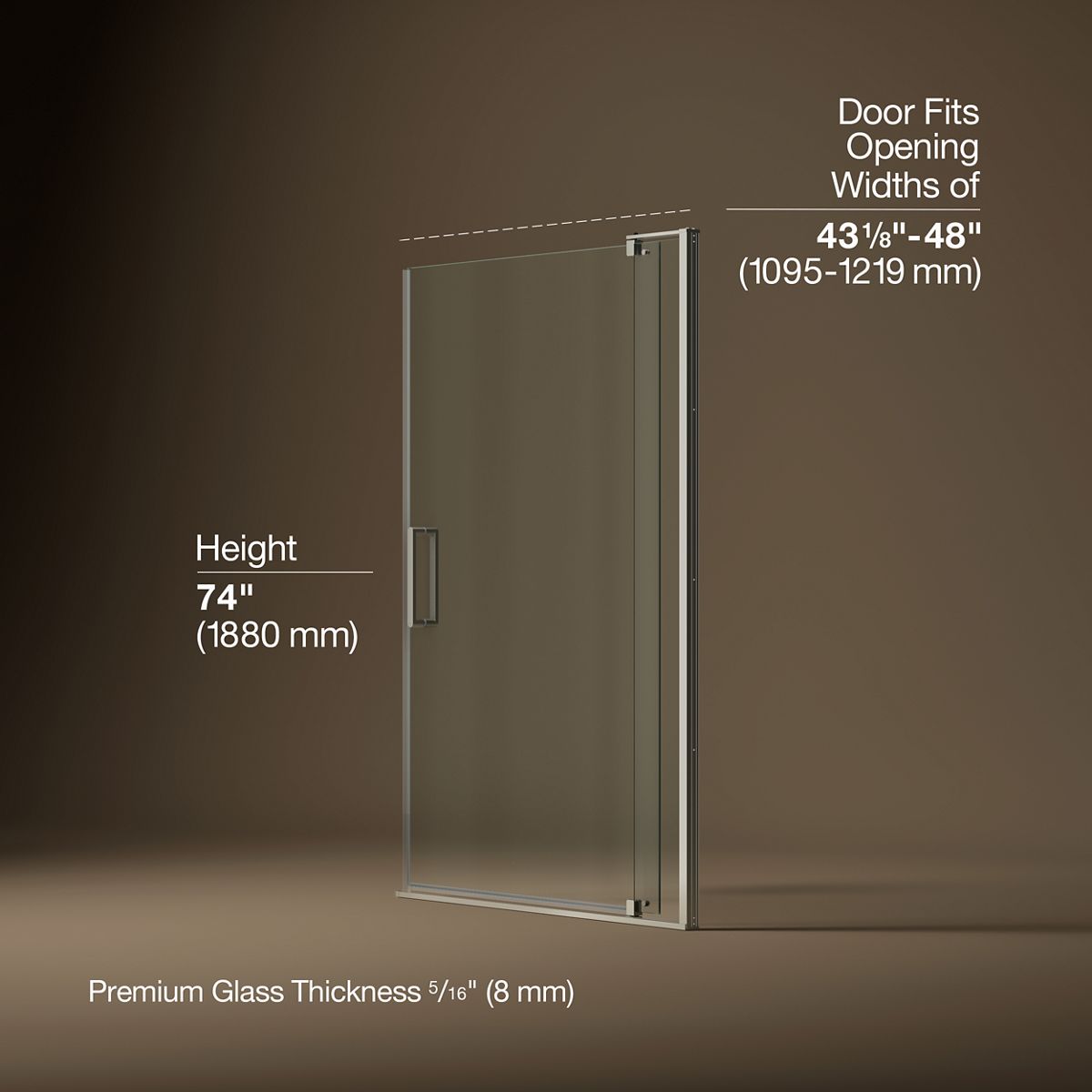 Revel® 43-1/8"-48" W x 74" H pivot shower door with 5/16"-thick Crystal Clear glass