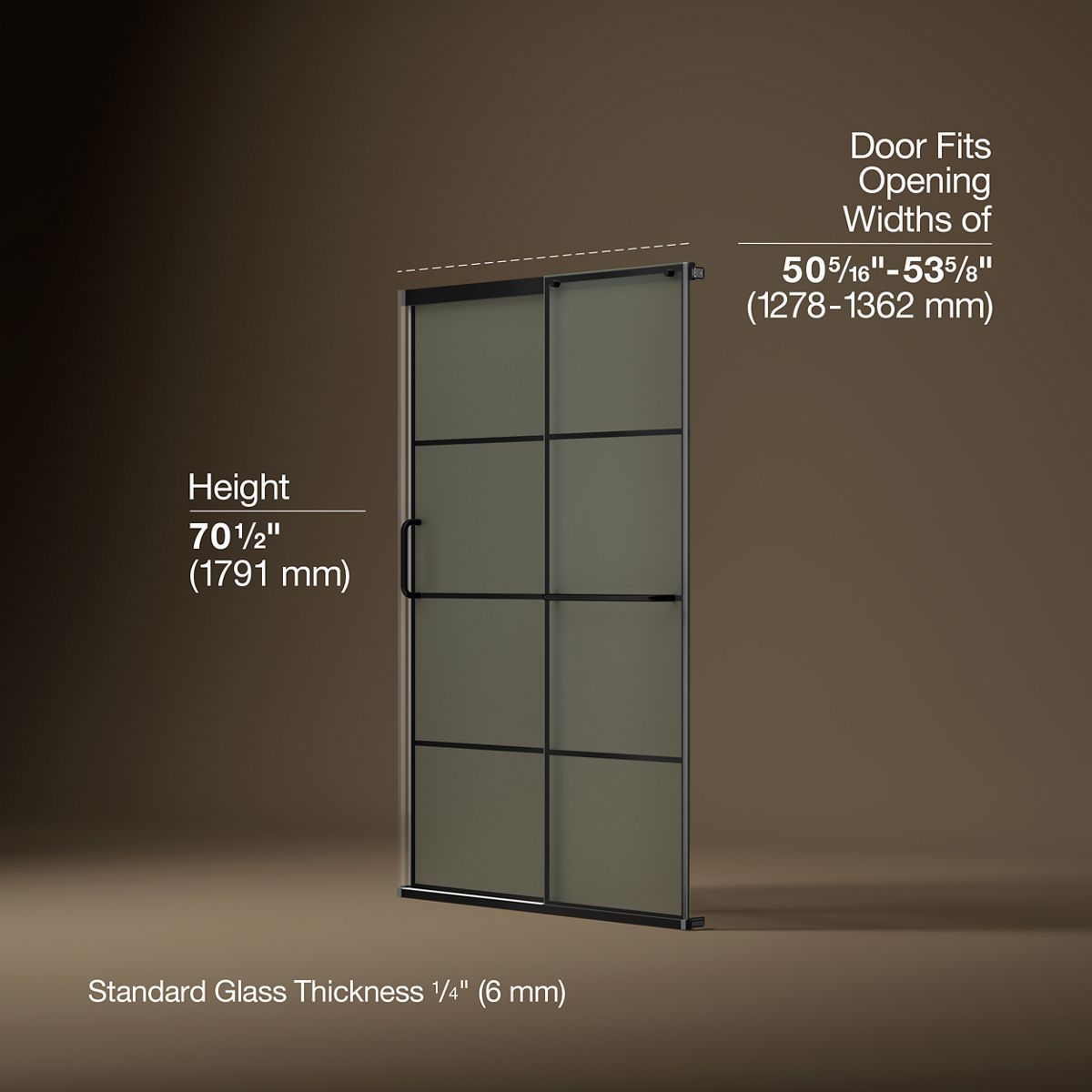 Elate® 50-1/4"-53-5/8" W x 70-1/2" H sliding shower door with 1/4"-thick Frosted glass