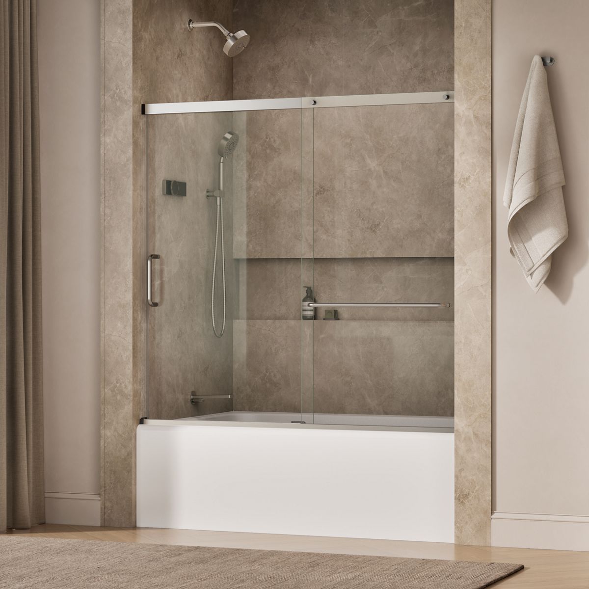 Elate® 56-1/4"-59-5/8" W x 56-3/4" H sliding bath door with 1/4"-thick Crystal Clear glass