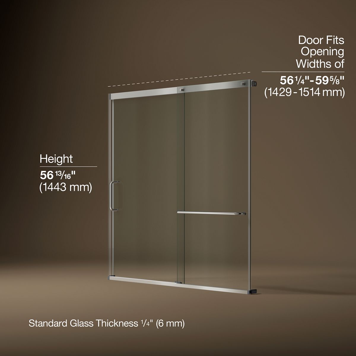 Elate® 56-1/4"-59-5/8" W x 56-3/4" H sliding bath door with 1/4"-thick Crystal Clear glass