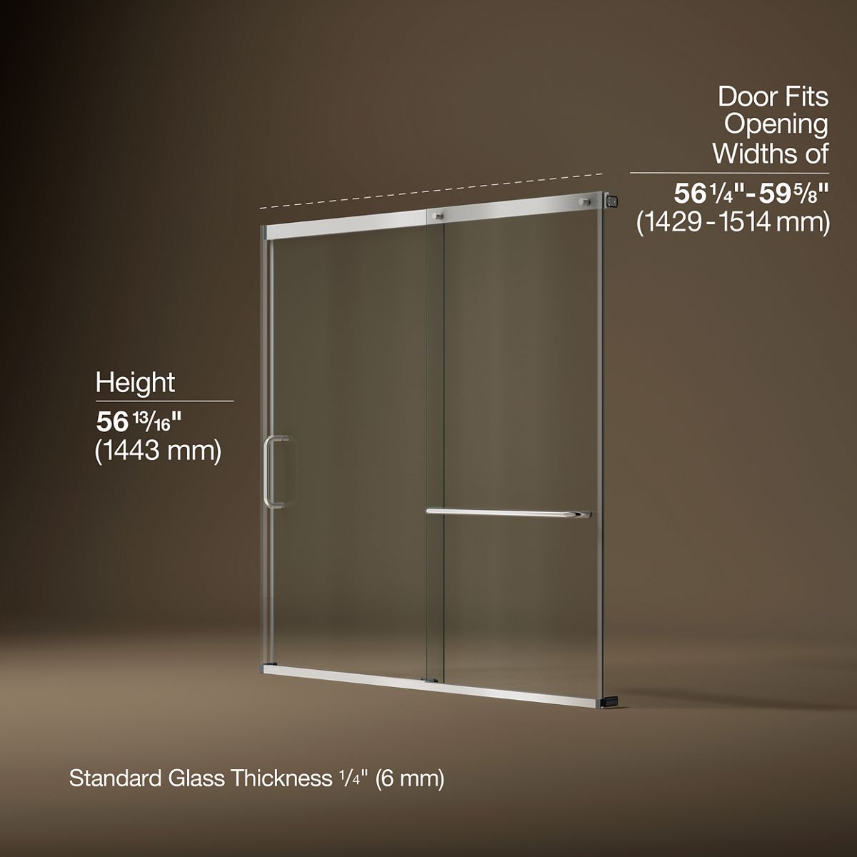 Elate® 56-1/4"-59-5/8" W x 56-3/4" H sliding bath door with 1/4"-thick Crystal Clear glass