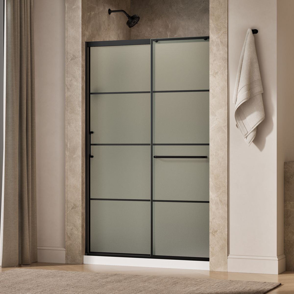 Elate® 50-1/4"-53-5/8" W x 75-1/2" H sliding shower door with 5/16"-thick Frosted glass