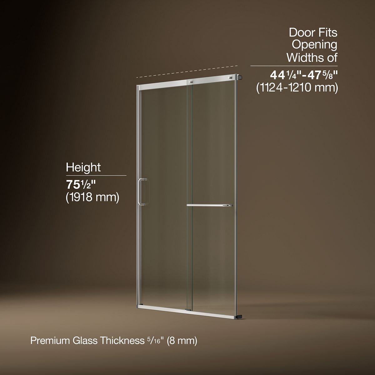Elate® 44-1/4"-47-5/8" W x 75-1/2" H sliding shower door with 5/16"-thick Crystal Clear glass