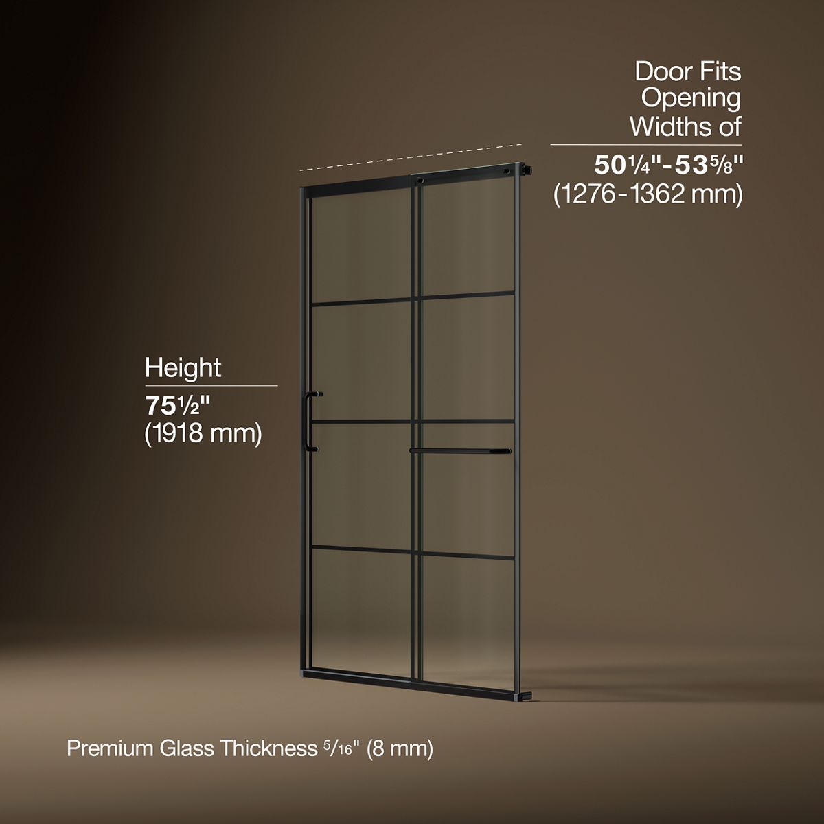 Elate® 50-1/4"-53-5/8" W x 75-1/2" H sliding shower door with 5/16"-thick Crystal Clear glass