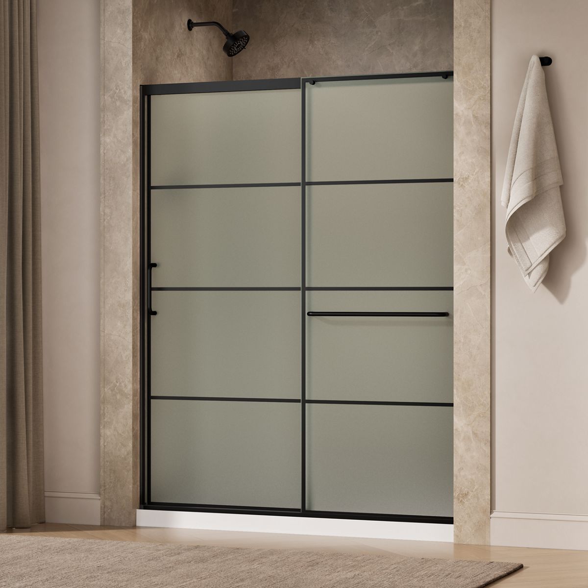 Elate® 62-1/4"-65-5/8" W x 75-1/2" H sliding shower door with 5/16"-thick Frosted glass