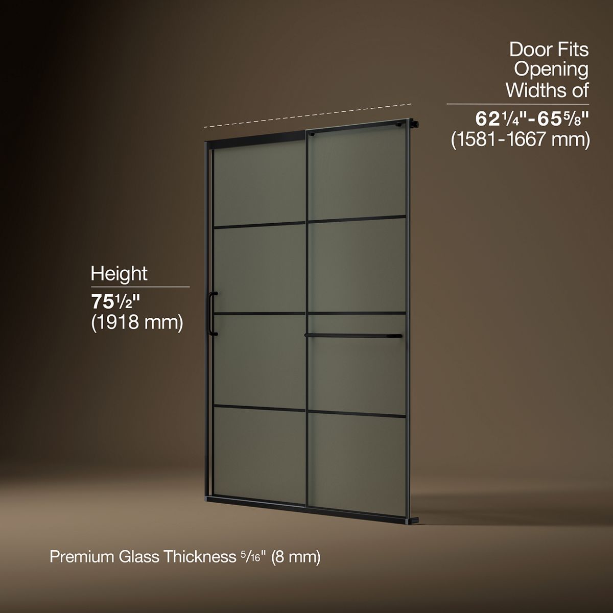Elate® 62-1/4"-65-5/8" W x 75-1/2" H sliding shower door with 5/16"-thick Frosted glass