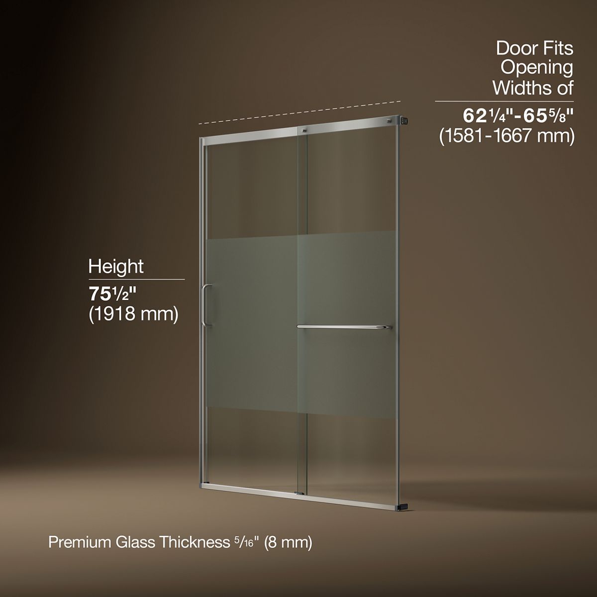 Elate® 62-1/4"-65-5/8" W x 75-1/2" H sliding shower door with 5/16"-thick Crystal Clear glass