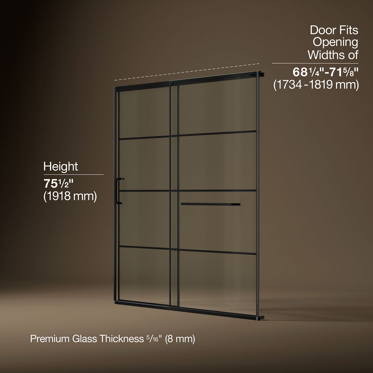 Elate® 68-1/4"-71-5/8" W x 75-1/2" H sliding shower door with 5/16"-thick Crystal Clear glass