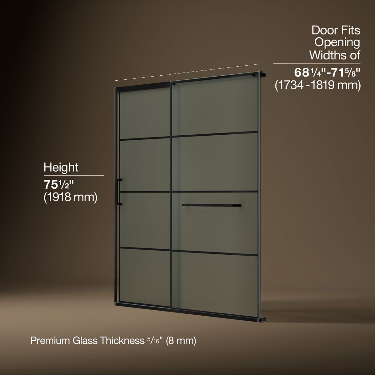 Elate® 68-1/4"-71-5/8" W x 75-1/2" H sliding shower door with 5/16"-thick Frosted glass