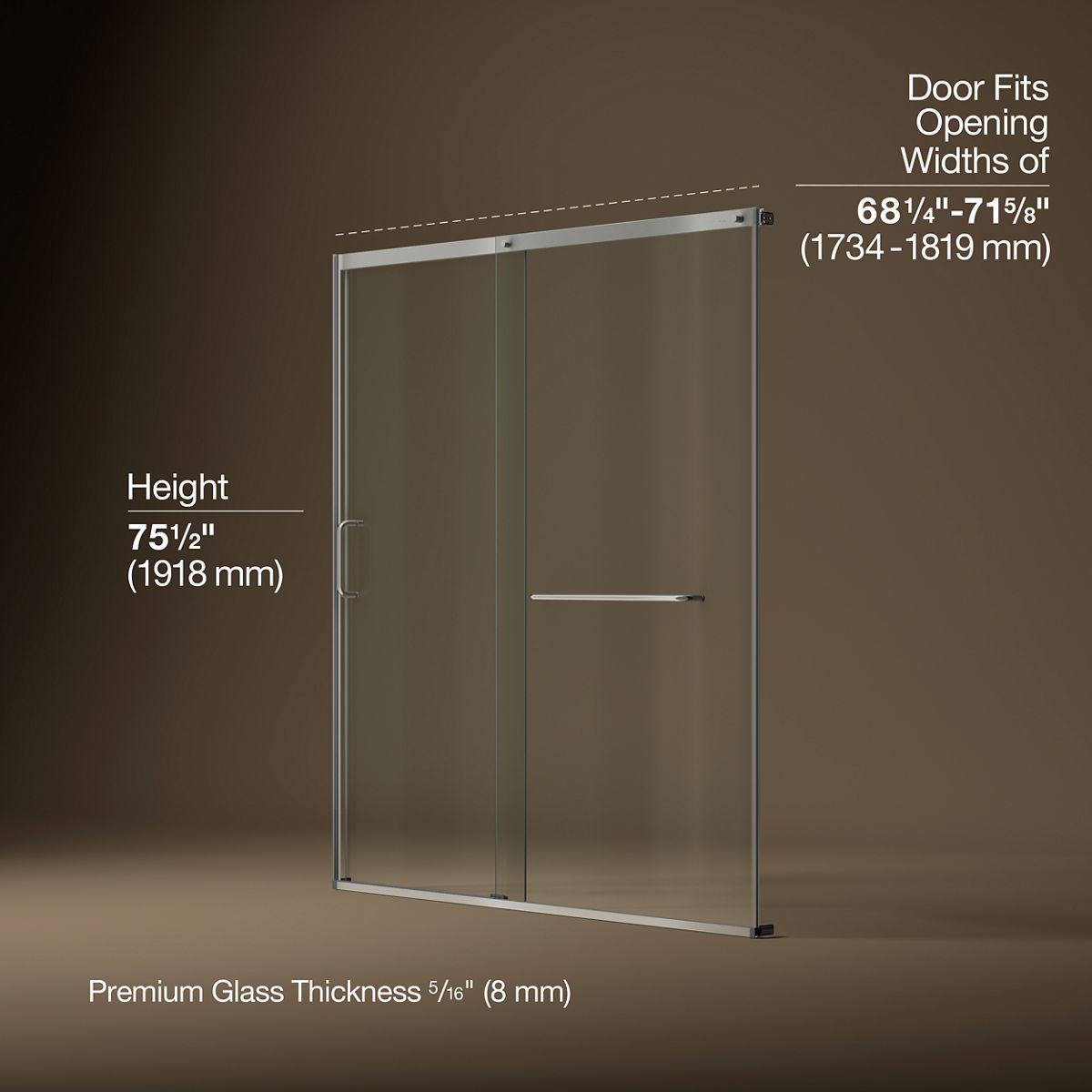 Elate® 68-1/4"-71-5/8" W x 75-1/2" H sliding shower door with 5/16"-thick Crystal Clear glass