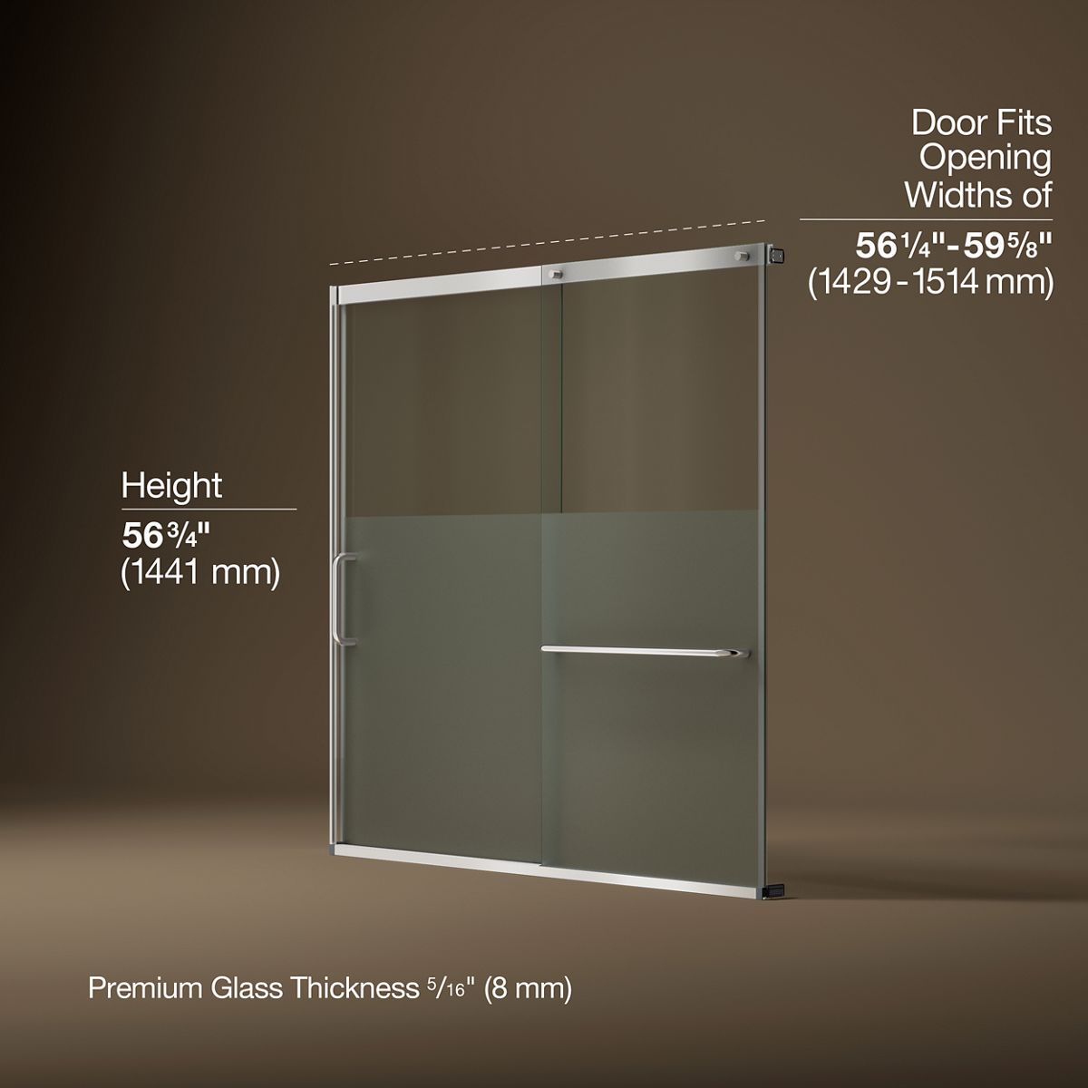 Elate® 56-1/4"-59-5/8" W x 56-3/4" H sliding bath door with 5/16"-thick Crystal Clear glass