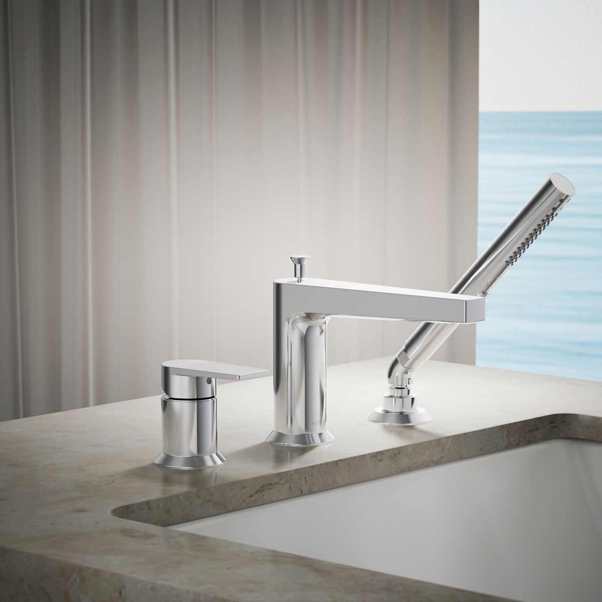 Taut® Deck-mount bath faucet with handshower