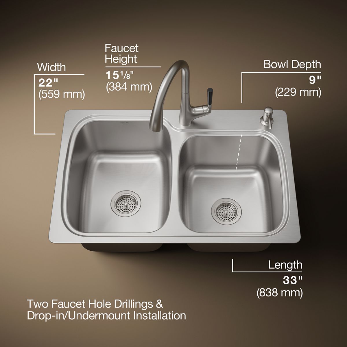 All-In-One 33" top-/undermount double-bowl kitchen sink