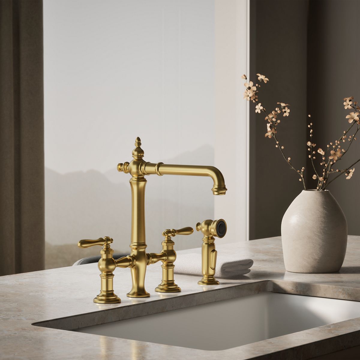 Artifacts® Three-hole bridge kitchen sink faucet with side sprayer