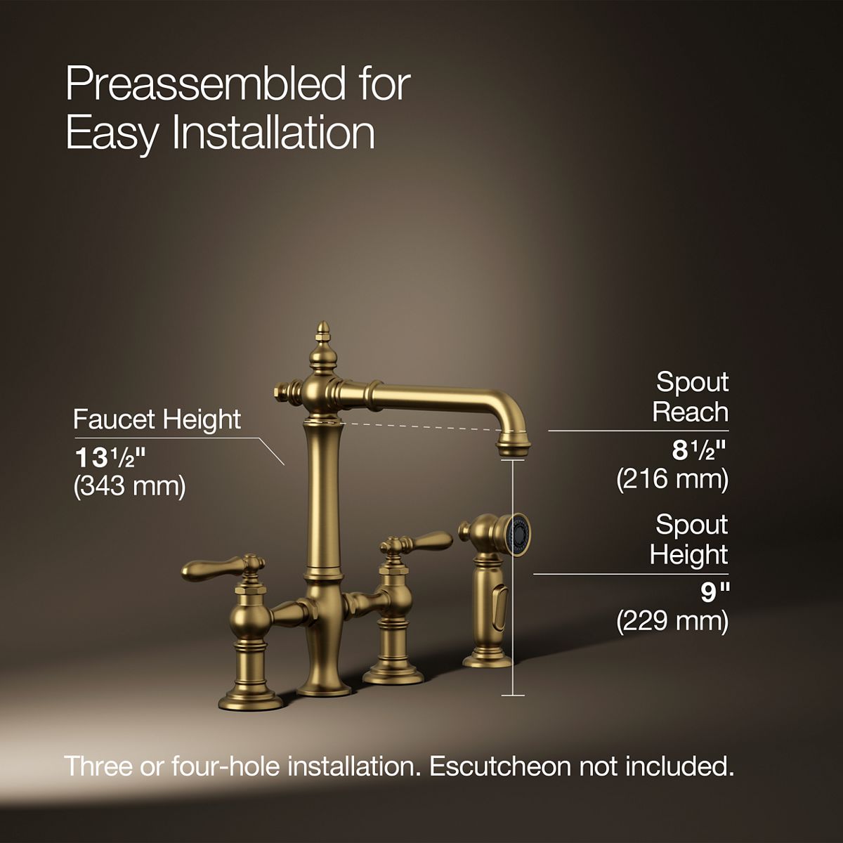 Artifacts® Three-hole bridge kitchen sink faucet with side sprayer