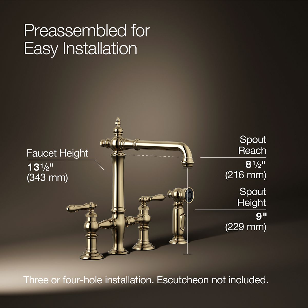 Artifacts® Three-hole bridge kitchen sink faucet with side sprayer