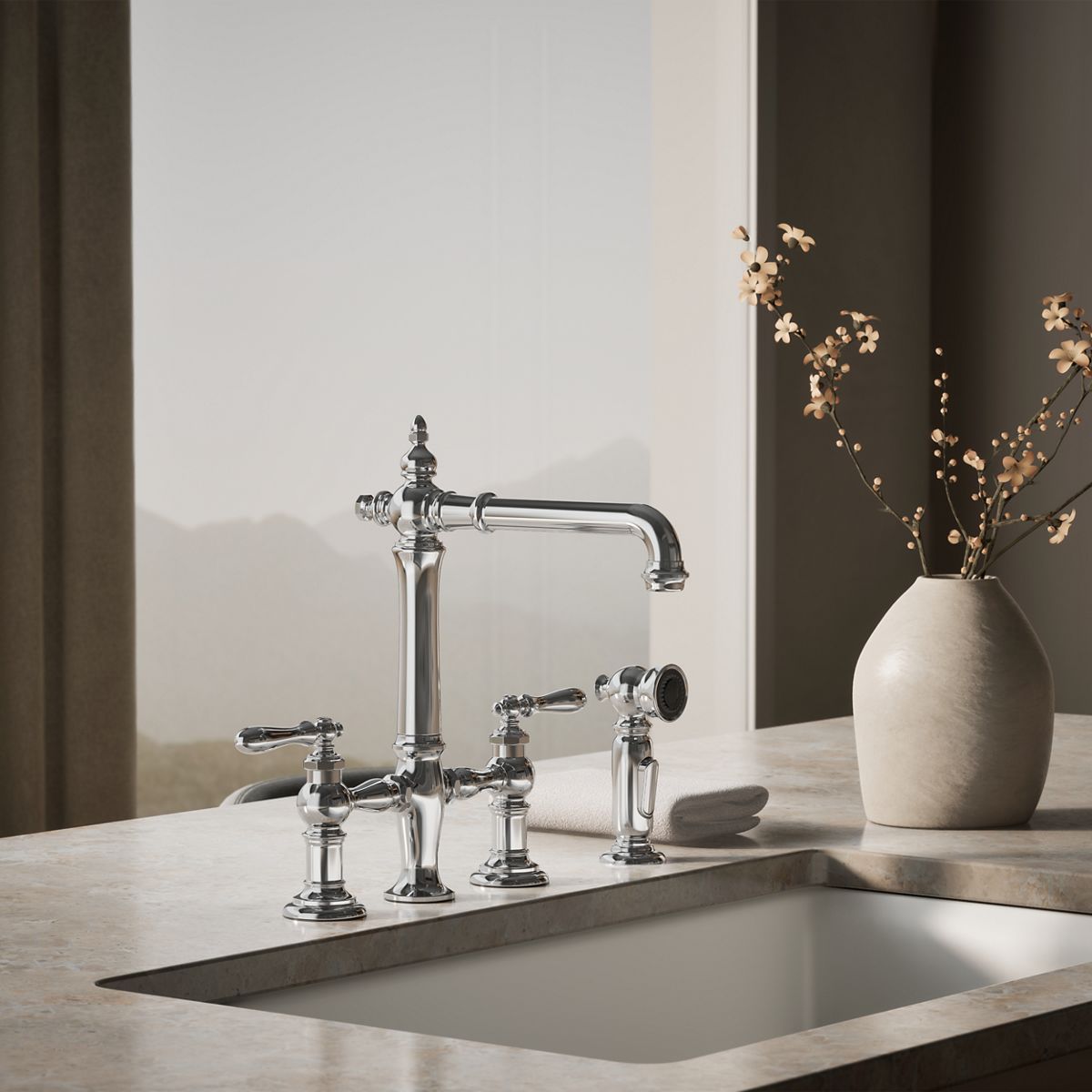 Artifacts® Three-hole bridge kitchen sink faucet with side sprayer