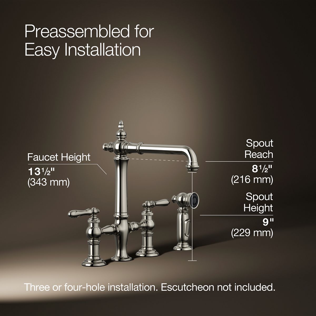 Artifacts® Three-hole bridge kitchen sink faucet with side sprayer