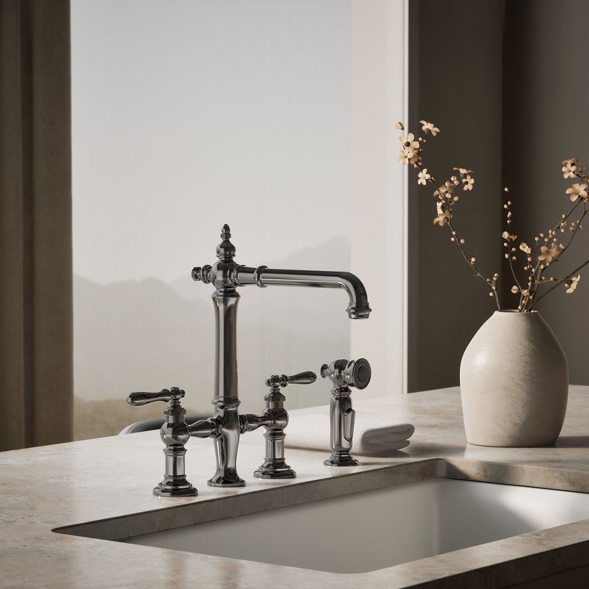 Artifacts® Three-hole bridge kitchen sink faucet with side sprayer