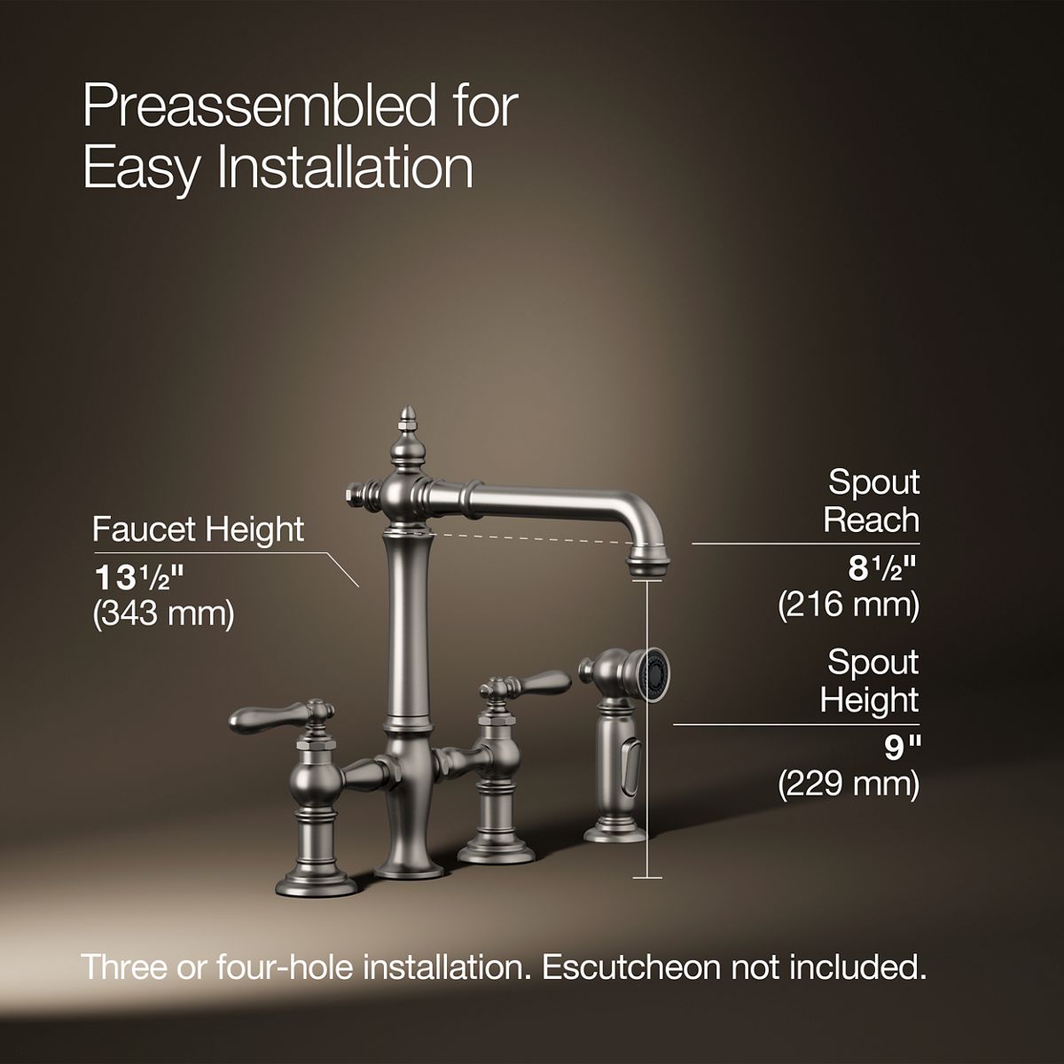 Artifacts® Three-hole bridge kitchen sink faucet with side sprayer