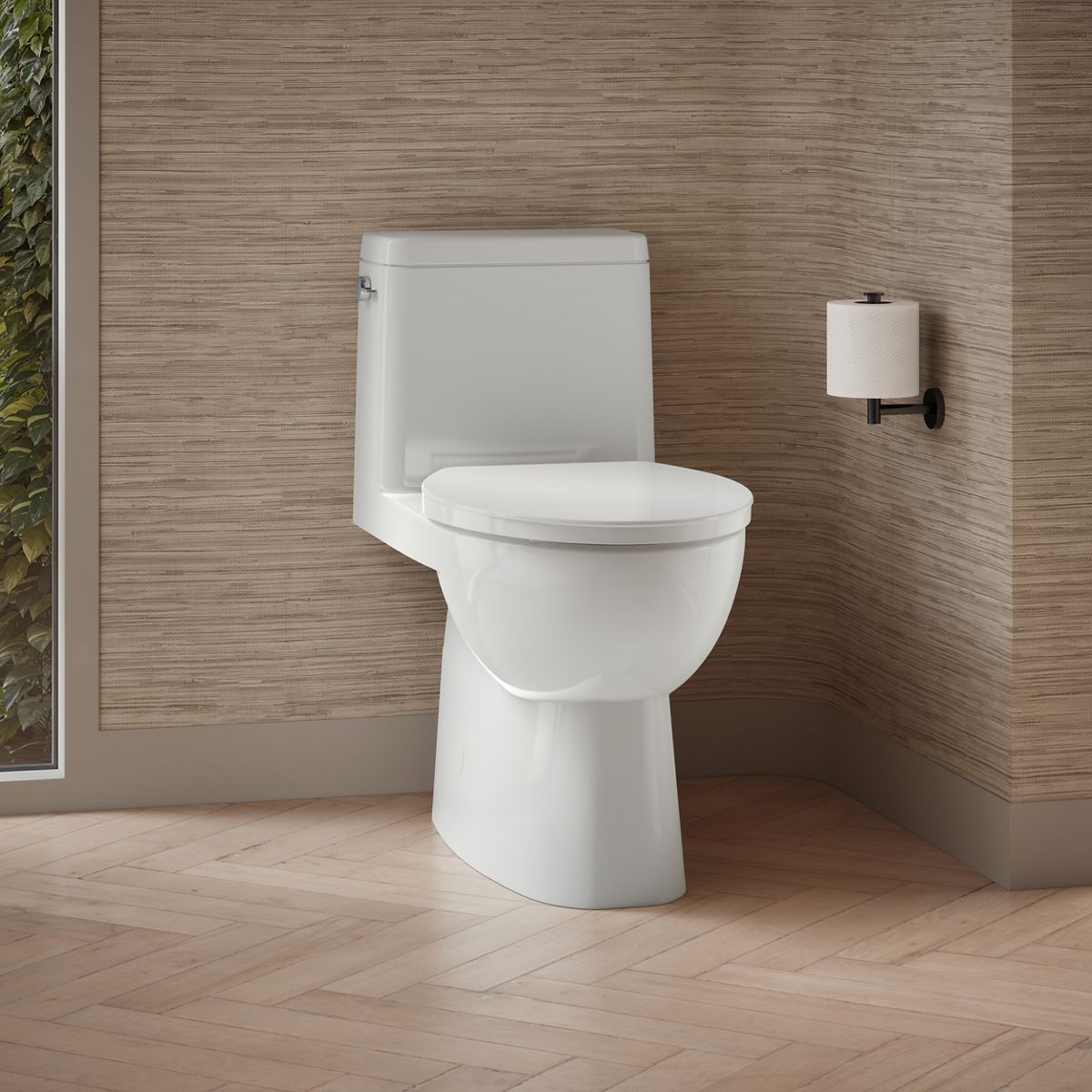 Reach® One-piece compact elongated toilet with skirted trapway, 1.28 gpf