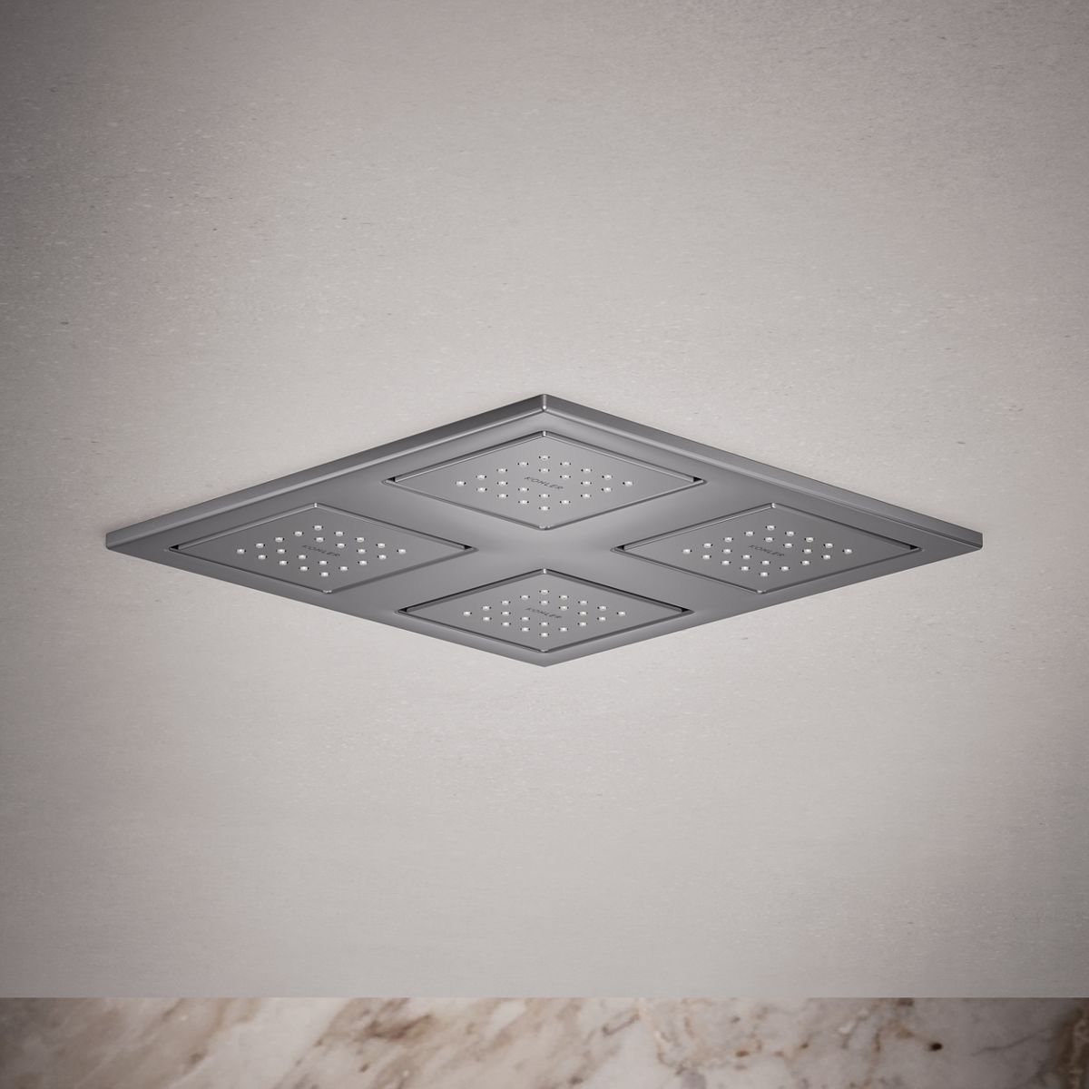 WaterTile® Rain Overhead shower panel with four 22-nozzle sprayheads