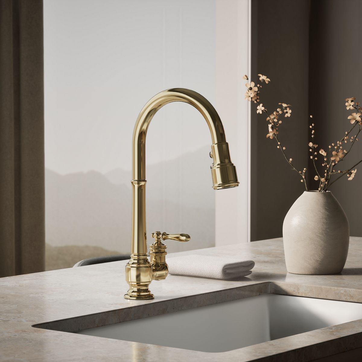 Artifacts® Pull-down kitchen sink faucet with three-function sprayhead