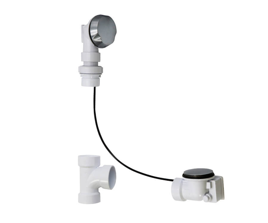 Schedule 40 PVC Cable Operated Bath Waste & Overflow Drain with Patented Flexible Overflow Neck for 12" to 22" Tub Depths