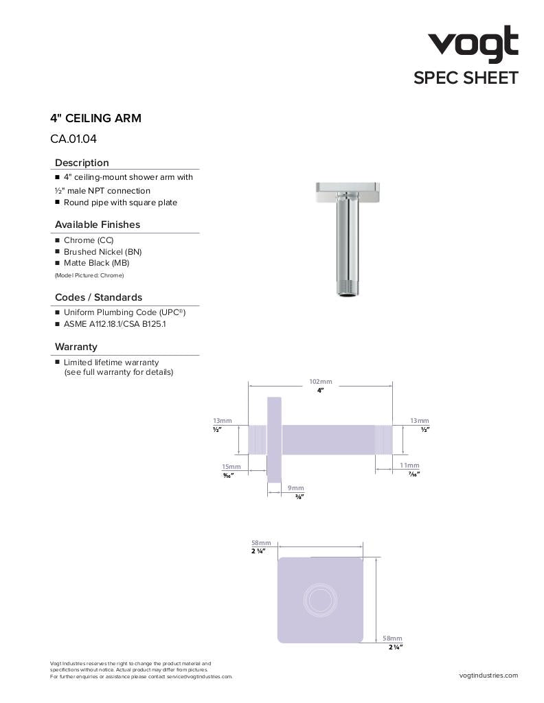 Vogt 4" Ceiling Mount Shower Arm, Square Flange CA.01.04 - image 2