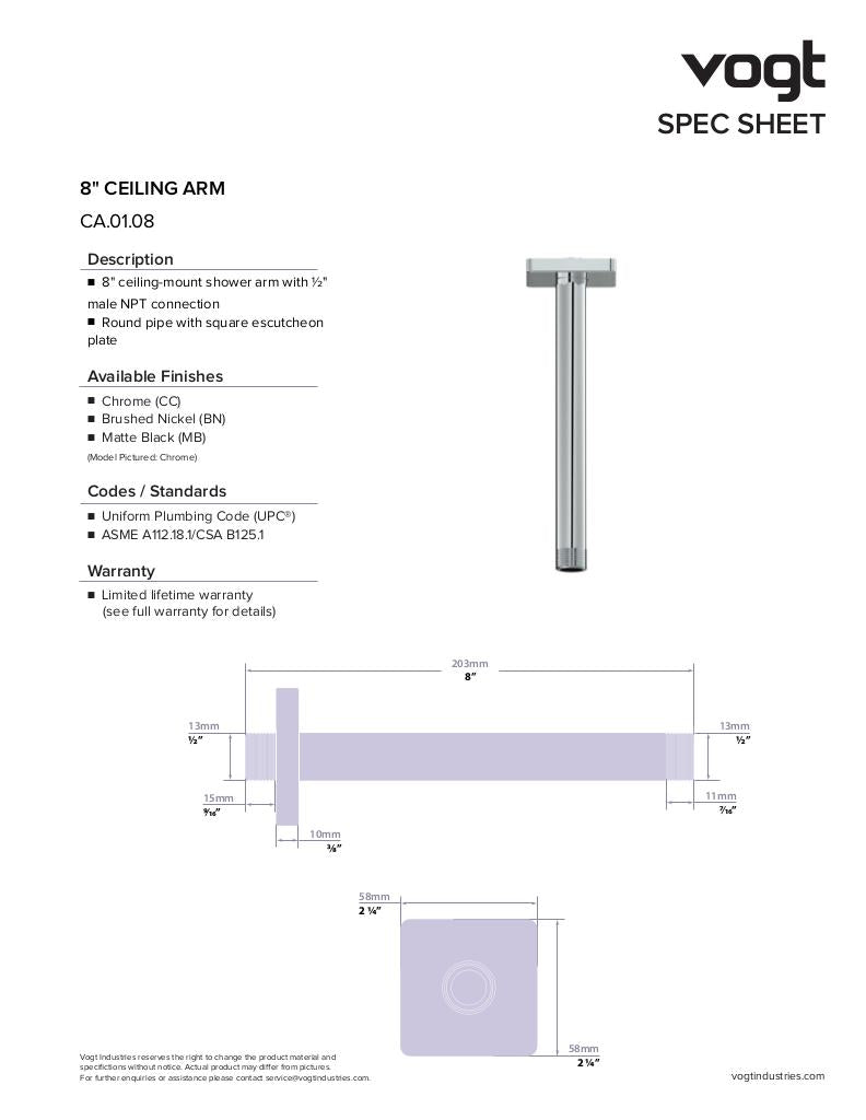 Vogt 8" Ceiling Mount Shower Arm, Square Flange CA.01.08 - image 2
